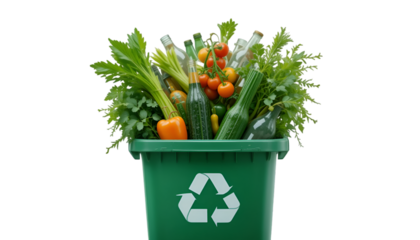 Recycling bin full of glass bottles vegetables and food waste for sustainable living and environment against white transparent background