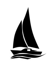 Black silhouette of a sailboat with large sails gliding over waves. Symbolizes adventure, freedom, ocean travel, and leisure in nautical or marine-themed designs.