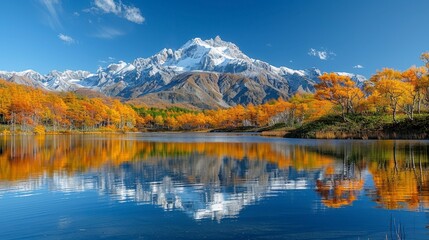 Obraz premium Scenic mountain reflects in calm lake surrounded by autumn trees, vibrant colors, clear skies