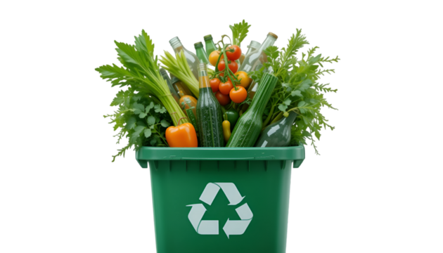 Recycling bin full of glass bottles vegetables and food waste for sustainable living and environment against white transparent background