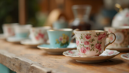Fototapeta premium Mismatched China Cups Tasting Event. Unique Tea Party Ideas with Vintage Cups. Vibrant Floral Themes for Events. Host a Memorable Tasting Experience.