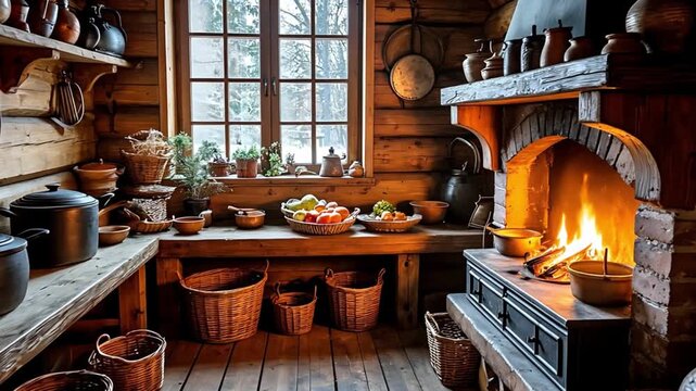 Fire burning in fireplace inside cozy wooden kitchen with vintage utensil and snowy landscape outside the window
