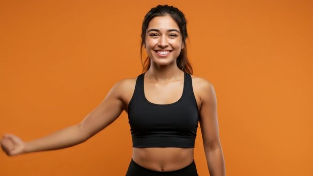 young hispanic female in crop top flexing biceps and putting her arm down against orange background. concept of fitness, strength, confidence. workout, healthy lifestyle, physical training at gym