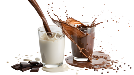 Pouring milk and chocolate milk into a glass against a white backdrop
