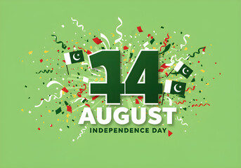 14 August Independence Day Pakistan | Green Themed Celebration with Flags and Confetti for National Holiday Greetings and Event Invitations