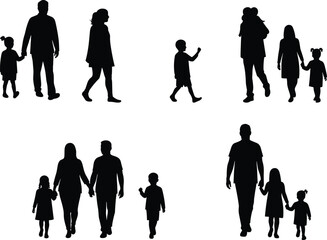 Diverse Family Silhouettes, Parents and Children Walking Together, Kids, Adults, Happy Relationships, Parenthood, Childhood, Community, Vector Illustration Set for General Use