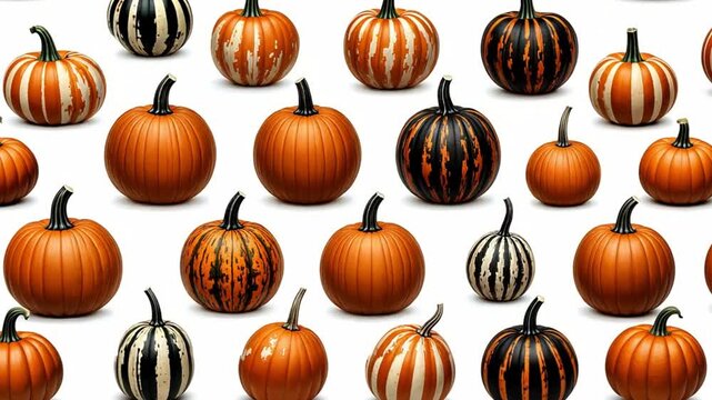 Seamless pattern of various pumpkins, including classic orange pumpkins and tiger striped pumpkins, creating a festive autumnal design