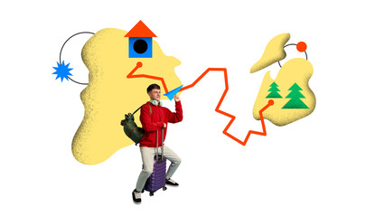 Bright digital artwork of man sitting on suitcase with backpack, and route line connecting abstract destinations. Concept of travel app UI, startup travel services, digital planning platforms.