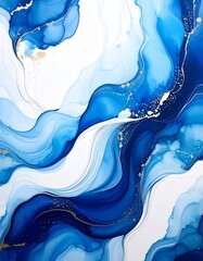 Abstract swirling blue and white design with gold accents