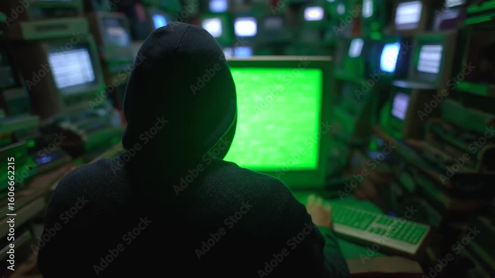 Aufkleber a mysterious hacker codes in a dimly lit basement, illuminated by the eerie glow of a green screen.