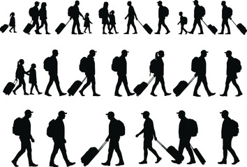 Diverse Traveler Silhouettes, People with Luggage and Backpacks Walking, Families and Individuals, Journey, Vacation, Business Trip, Departure, Arrival, Vector Illustration for Travel Concepts