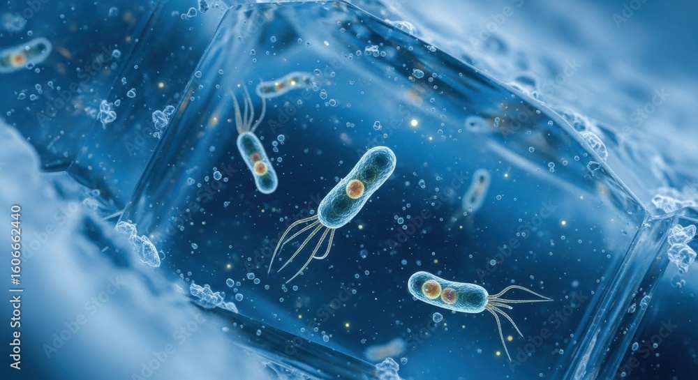 Poster microscopic view of bacteria in ice cube with cellular structures