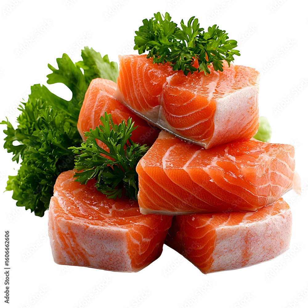 Poster close up of several slices of raw salmon fillets arranged on a plain white background garnished with