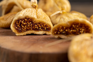 figs with seeds naturally dehydrated in the sun and cut into pieces, close up