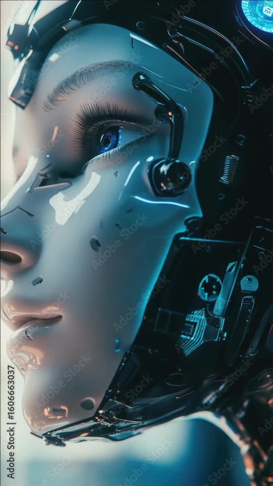 Aufkleber a close-up of a robot head with intricate circuitry and electronic components, embodying the cutting