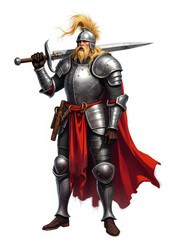 Fototapeta premium Noble Paladin Knight in Silver Armor with Red Cape and Sword – Chivalrous Fantasy Warrior Standing Heroically, Medieval Defender Character for RPG Game Art and Heroic Illustration Concept