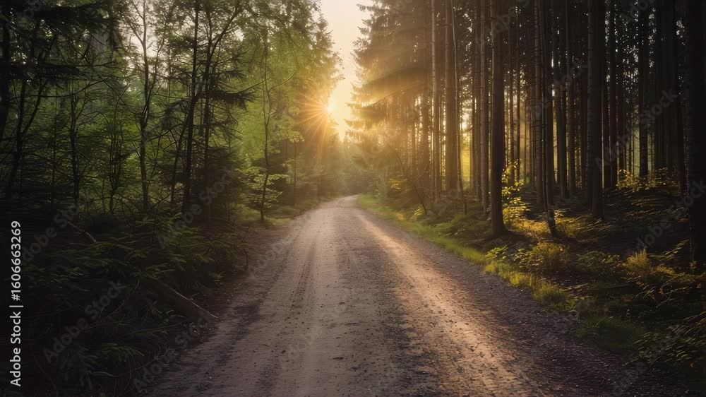 Aufkleber sunlit path through a lush forest, with sunlight filtering through the trees and casting long shadow