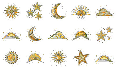 Sun, moon, clouds, stars icon set for blogs, websites, clipart, astrology, weather, greeting cards, educational and awareness materials