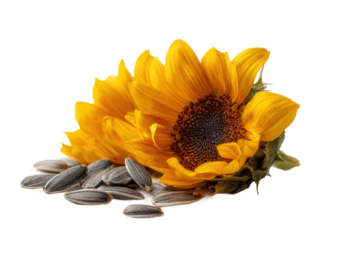 Sunflower and seeds in natural light floral still life photography. Isolated on transparent background, png.