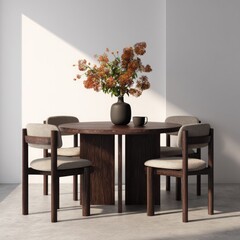 A minimalist dining setting features a round dark wood table with four matching chairs, a dark vase with orange flowers, and a mug.  Sunlight streams in from a corner