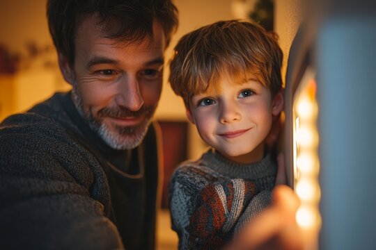 Young boy helping his father adjust the thermostat to lower the heating temperature in their home, emphasizing sustainability and smart home technology, Generative AI - Powered by Adobe