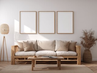 A minimalist living room features a light beige couch with neutral pillows,