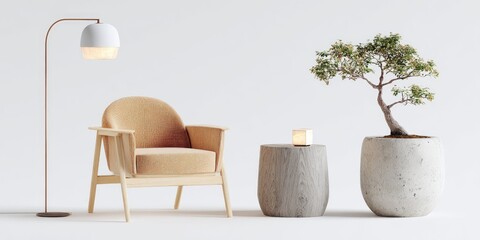 Minimalist living room scene with armchair, floor lamp, bonsai, and side table