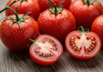 Fototapeta premium Fresh tomato red juicy ripe vegetable healthy organic water drop closeup natural vibrant