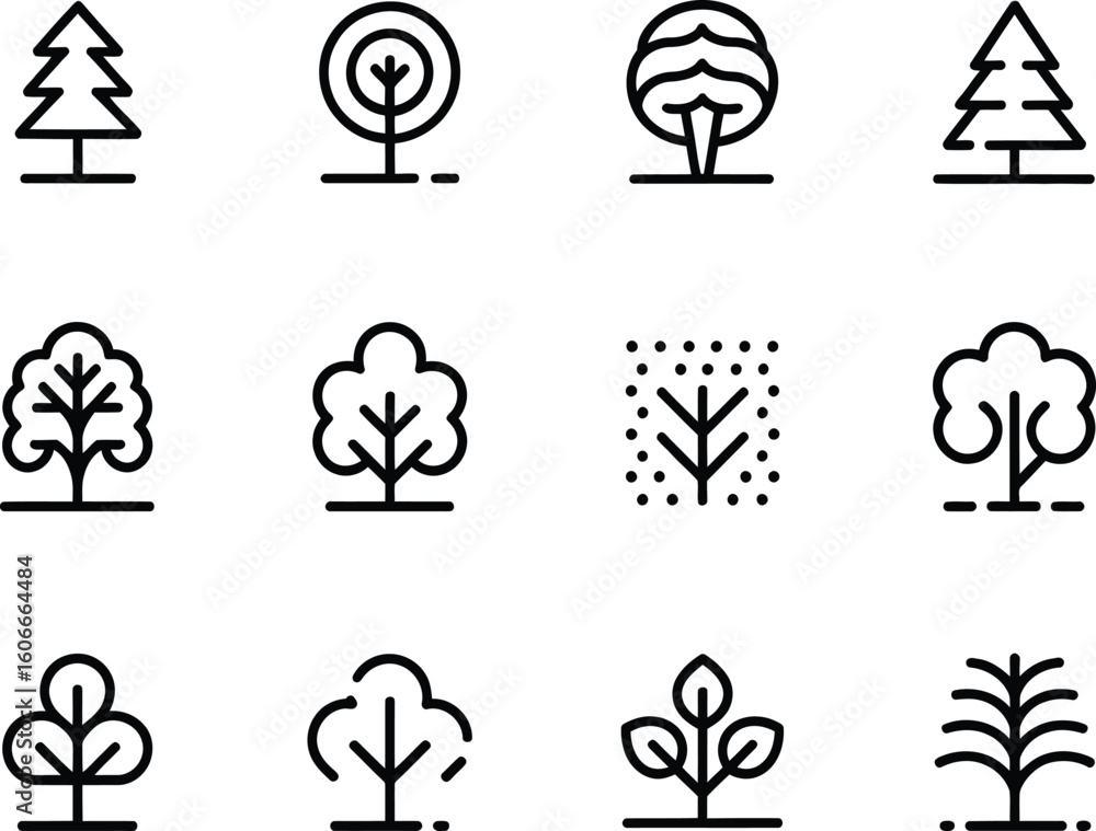 Aufkleber collection of simple line art icons representing various types of trees