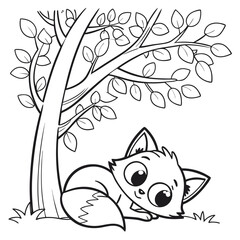 Kawaii Sleeping Fox Under a Tree | Cute Black and White Cartoon Vector for Coloring Book and Nursery Decor