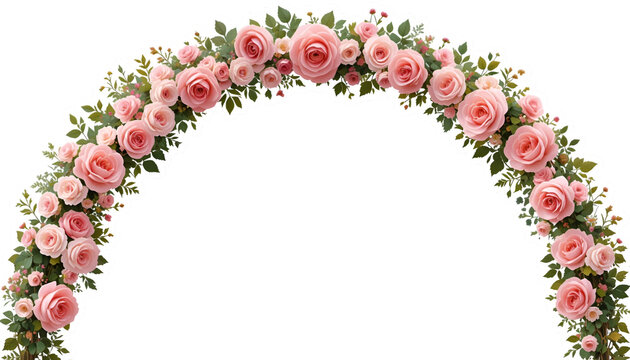 Beautiful pink roses floral archway for wedding decoration and event design element stock photo image against white transparent background