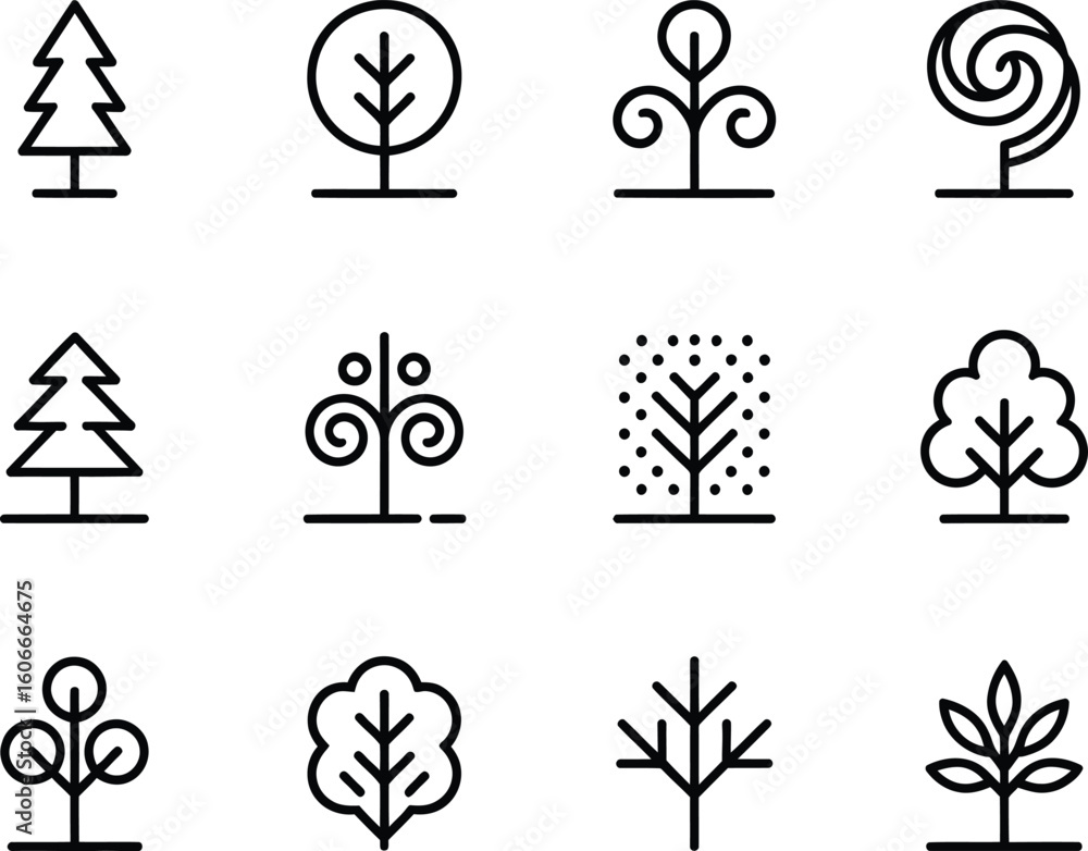 Aufkleber collection of stylized line art tree icons in a grid layout