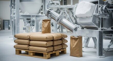 White powder of calcium carbonate dosing in an open bag with a dosing system after the milling from the stone, background: warehouse with raw material pallets
