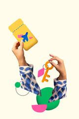 Surreal collage art of female hands holding airplane ticket and hotel key on soft background....