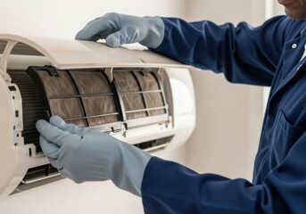Air conditioner technician maintenance cleaning filter indoor gloved hands blue uniform dust removal service