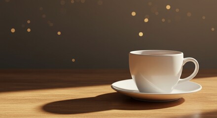 White Coffee Cup on a Table with Warm Bokeh Lights
