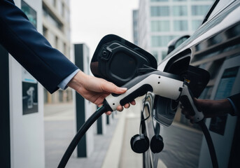 Electric car charging station hand plug urban clean energy eco friendly technology modern vehicle sustainable