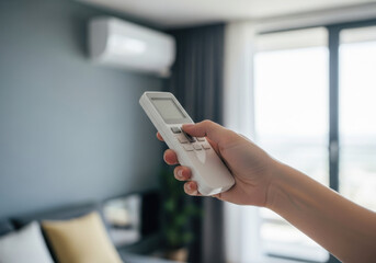 Hand holding remote control air conditioner modern living room comfort technology relaxation home interior sunlight