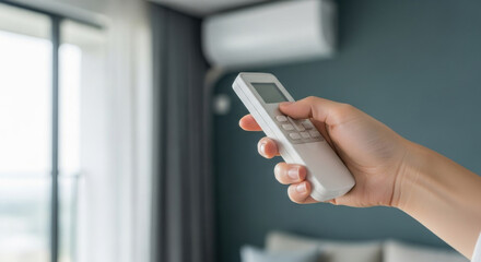 Hand holding remote control, air conditioner, modern living room, blue wall, window, curtain, relaxed atmosphere