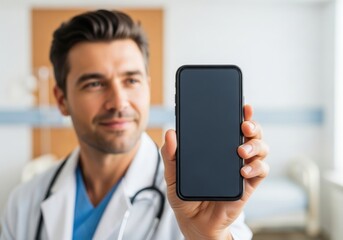 Doctor smartphone male medical technology healthcare professional hospital confident modern smiling stethoscope uniform