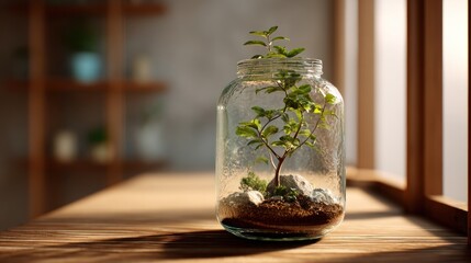 Glass Jar Plant on Wooden Desk - Eco Minimalism
