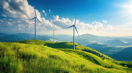 Wind Turbines on Green Hills – Clean Energy Landscape under Blue Sky