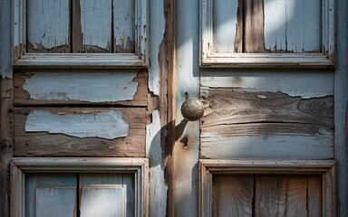 Old weathered door with peeling paint and vintage knob stock photo