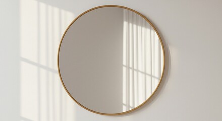 Round Mirror with a Wooden Frame on a White Wall