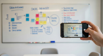 Hand holding smartphone capturing whiteboard brainstorming session, creative planning, teamwork, modern office, technology