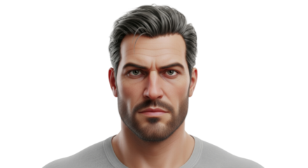 A digitally rendered portrait of a serious-looking man with graying hair and a beard, facing the viewer.