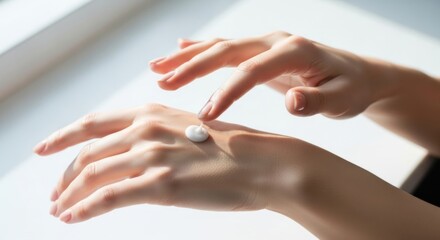 Applying moisturizer skincare hand cream soft healthy beauty closeup gentle natural light smooth wellness female delicate self