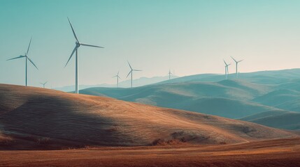 Wind Turbines on Green Hills – Clean Energy Landscape under Blue Sky