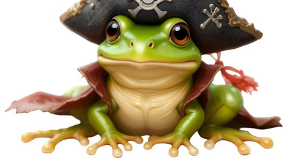 A cute frog wearing pirate hat and cape digital art for kids and animal lovers and fantasy art fans against white transparent background