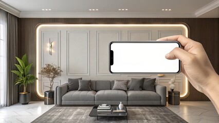 Sophisticated living room mockup with a glowing recessed wall and centered empty frame above a gray sectional.